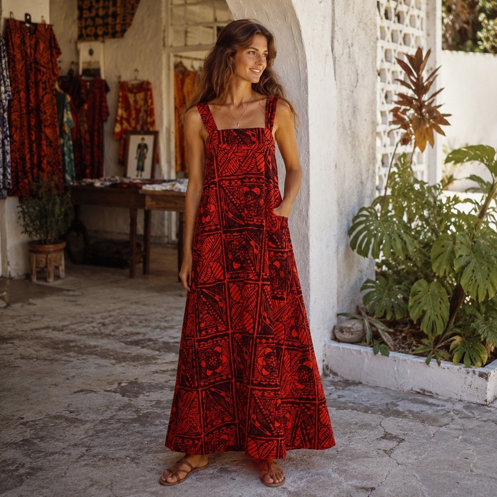 Vintage Jim Tillett Maxi Dress 70s St Thomas Resortwear Red Cotton Sundress